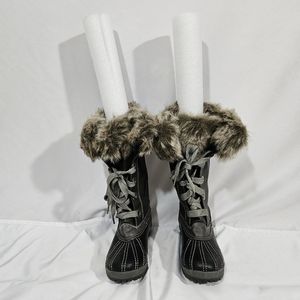 London Fog black and grey faux fur boot women's size 7